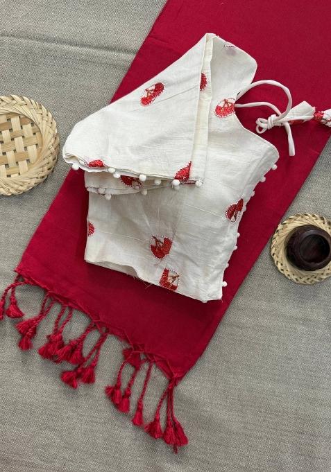 Red Handloom Khadi Cotton Silk Saree Set