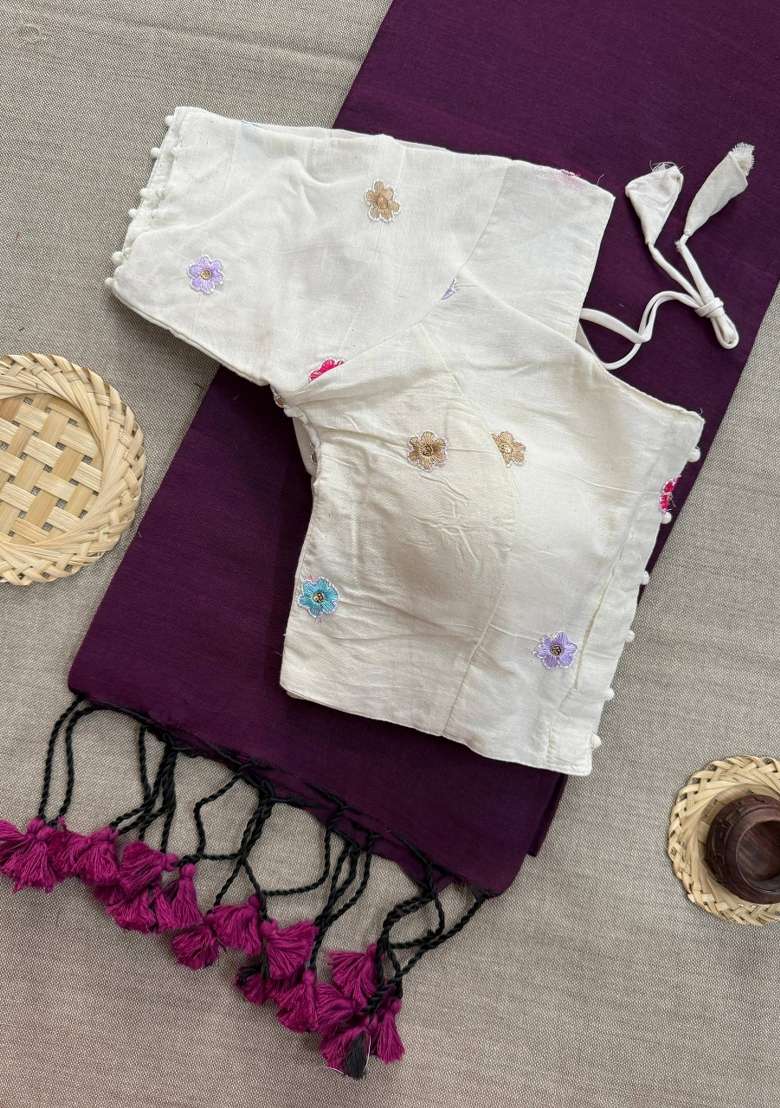 Wine Handloom Khadi Cotton Silk Saree Set - Indya