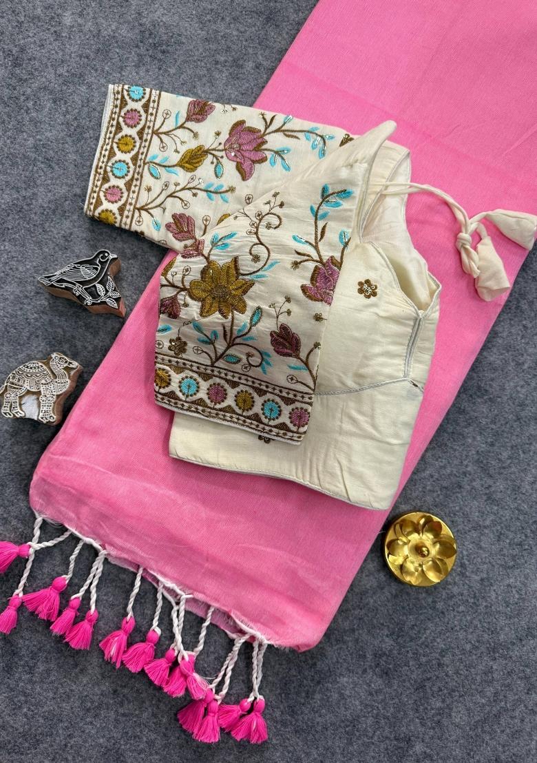 Baby Pink Handloom Khadi Cotton Silk Saree Set