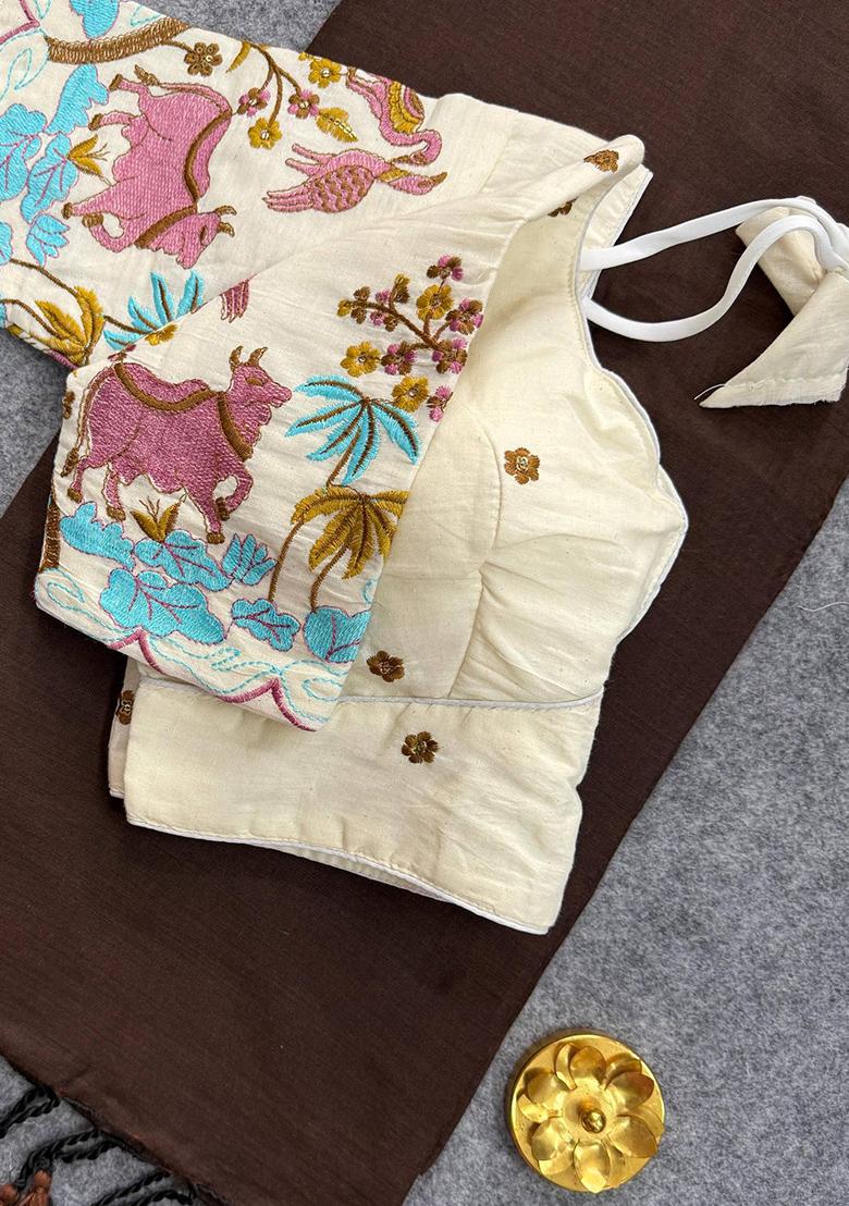 Coffee Handloom Khadi Cotton Silk Saree Set - Indya