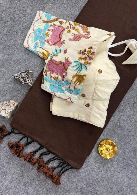 Coffee Handloom Khadi Cotton Silk Saree Set