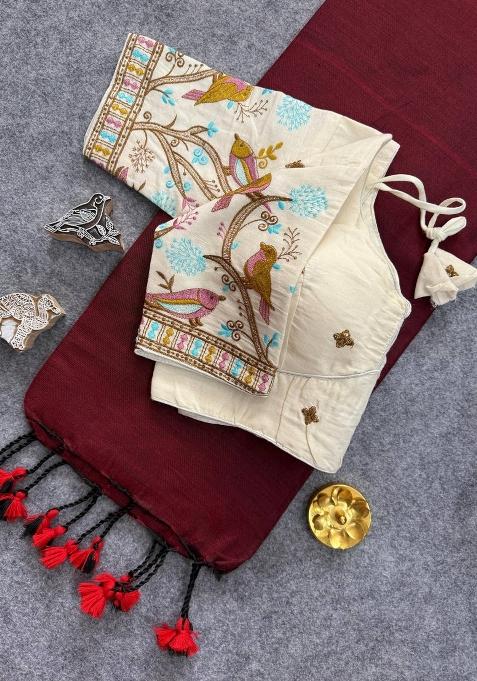 Maroon Handloom Khadi Cotton Silk Saree Set