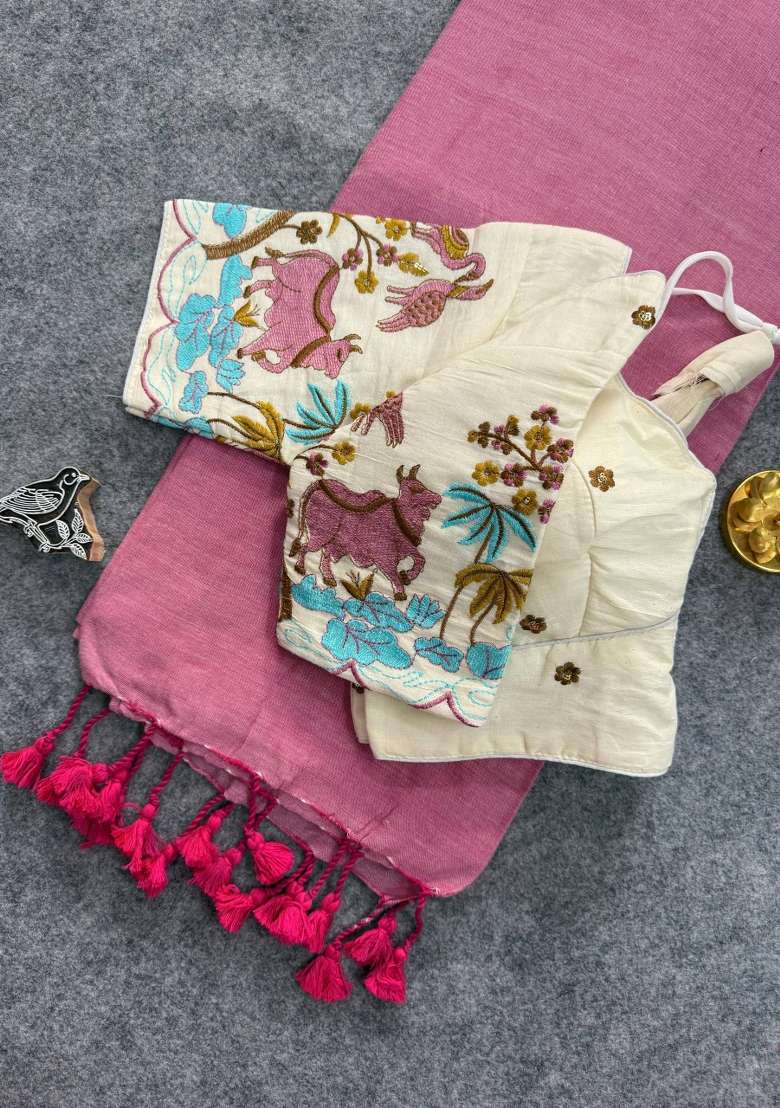 Pink Handloom Khadi Cotton Silk Saree Set - Indya