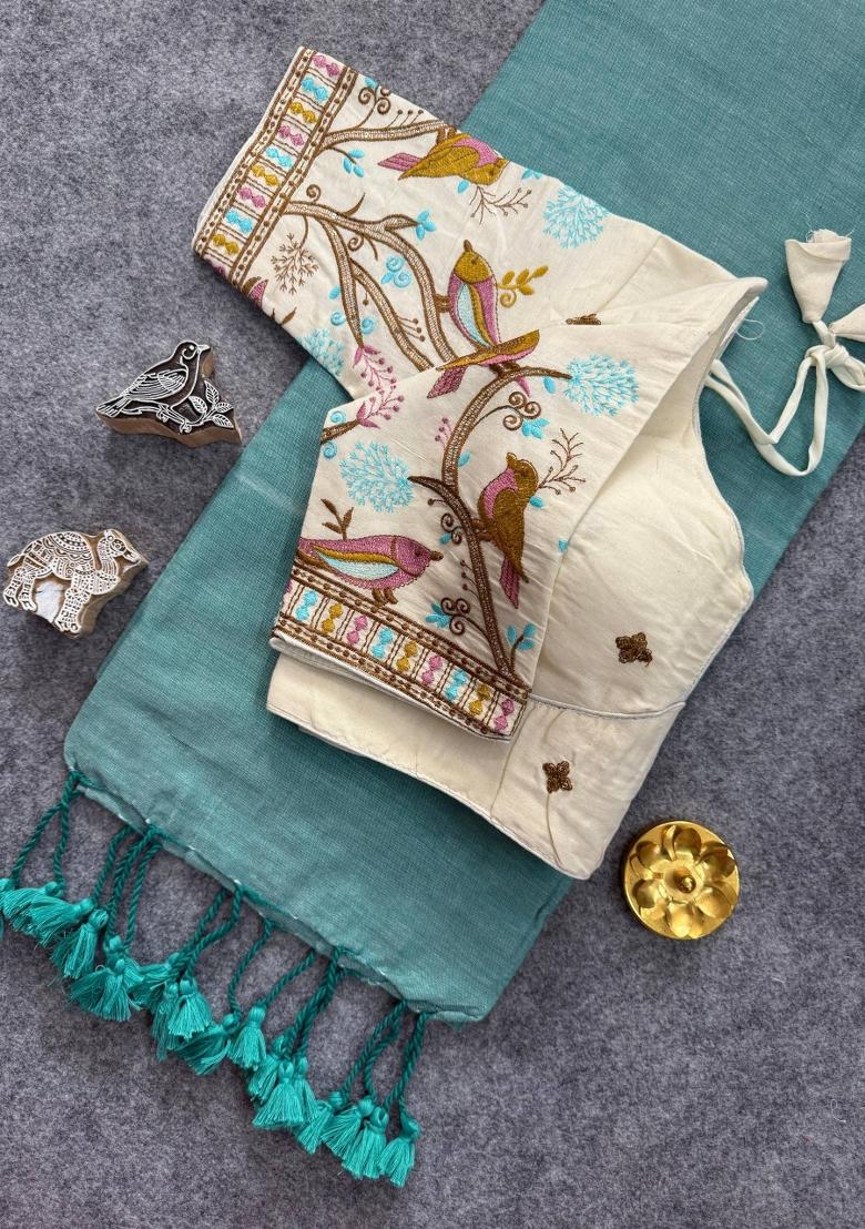 Pista Handloom Khadi Cotton Silk Saree Set