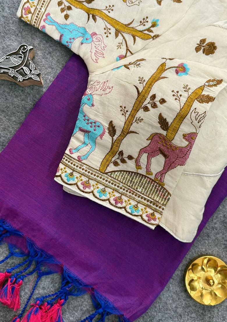 Violet Handloom Khadi Cotton Silk Saree Set - Indya