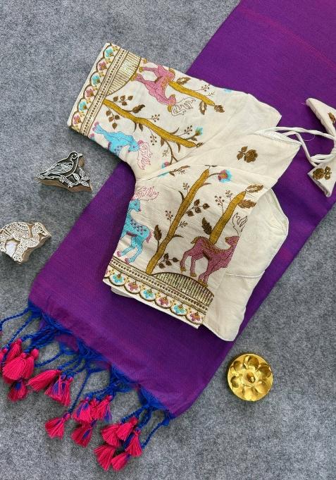 Violet Handloom Khadi Cotton Silk Saree Set