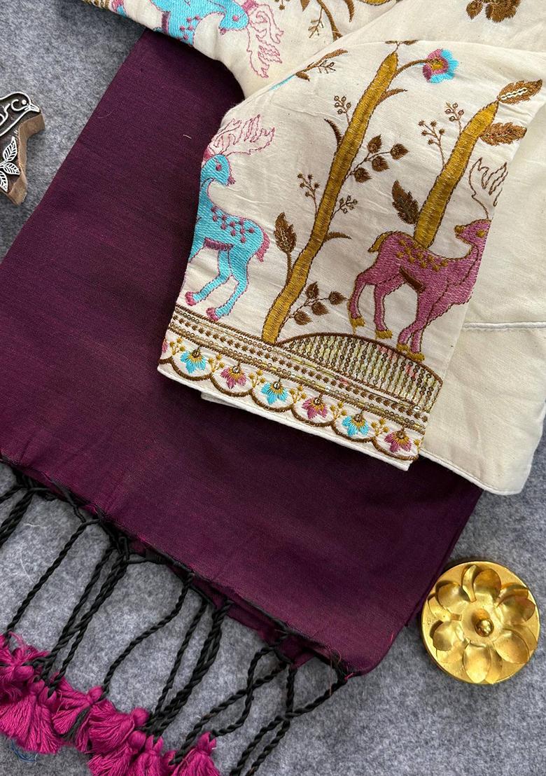 Wine Handloom Khadi Cotton Silk Saree Set - Indya
