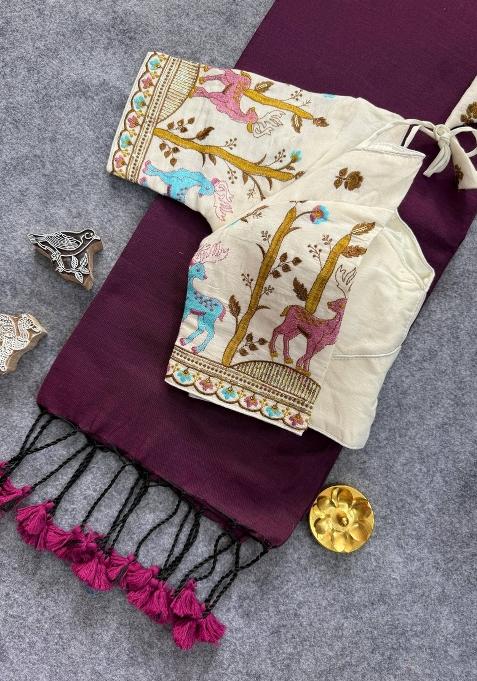Wine Handloom Khadi Cotton Silk Saree Set