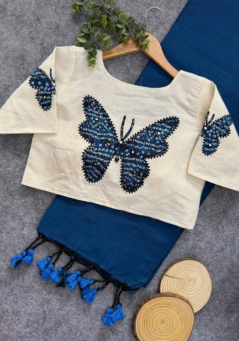 Blue Handloom Khadi Cotton Silk Saree Set