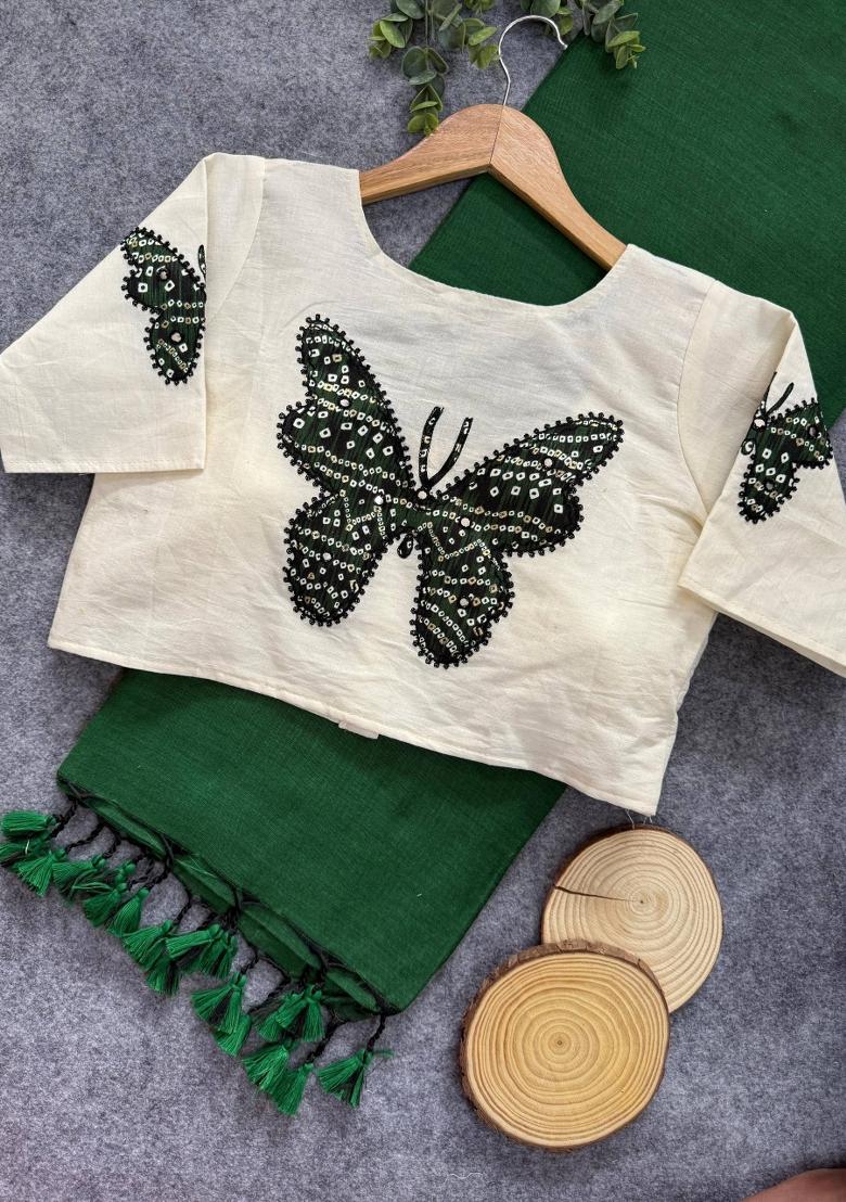 Green Handloom Khadi Cotton Silk Saree Set