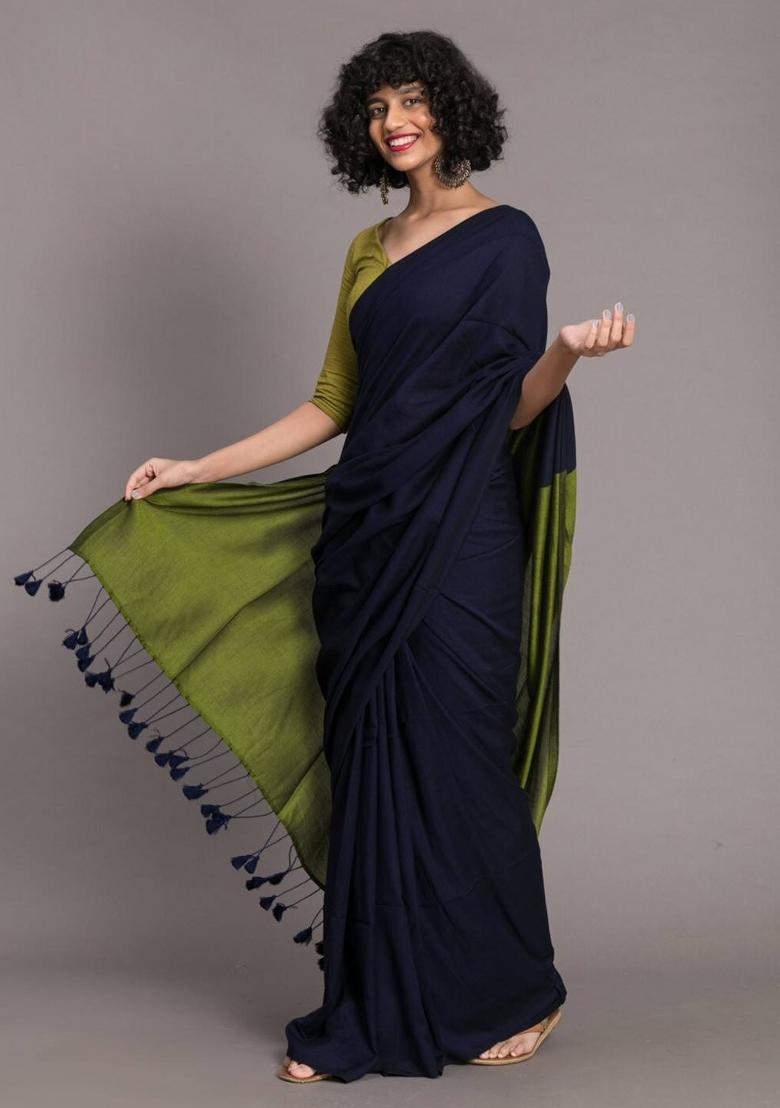 Black Handloom Khadi Cotton Silk Saree Set