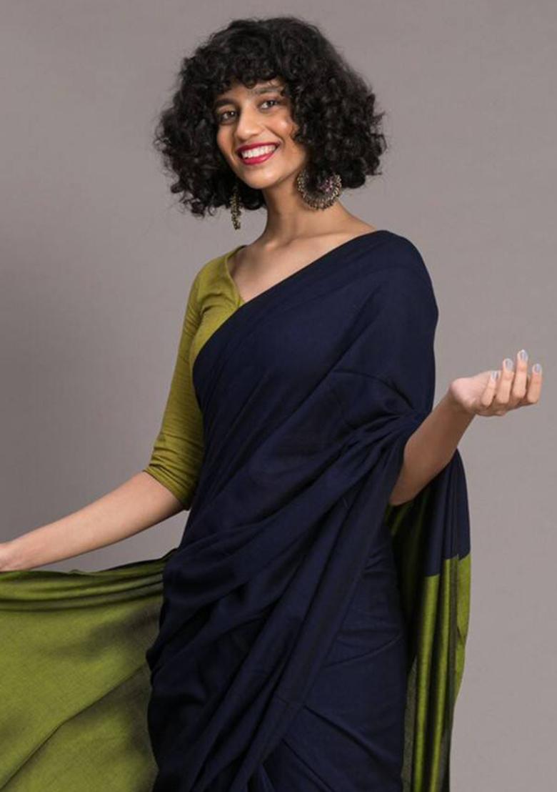 Black Handloom Khadi Cotton Silk Saree Set - Indya