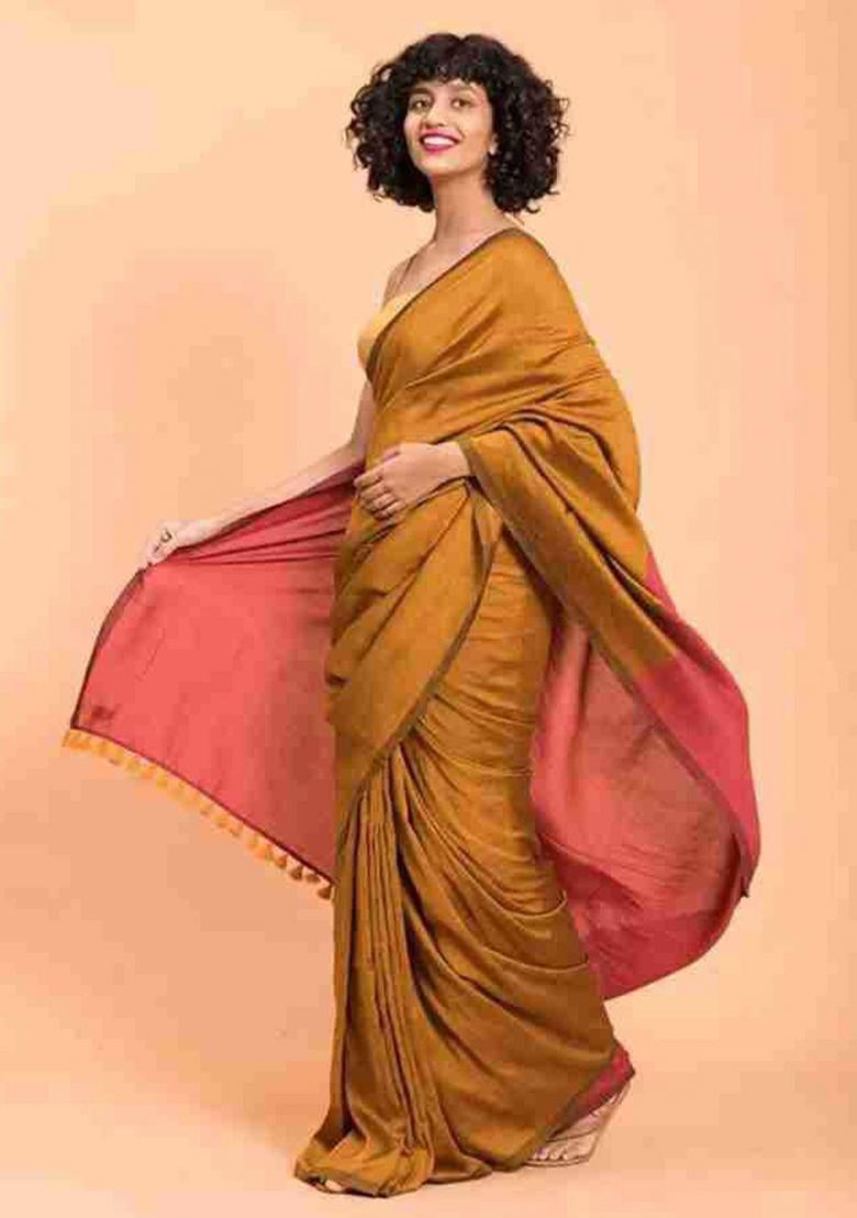 Gold Handloom Khadi Cotton Silk Saree Set