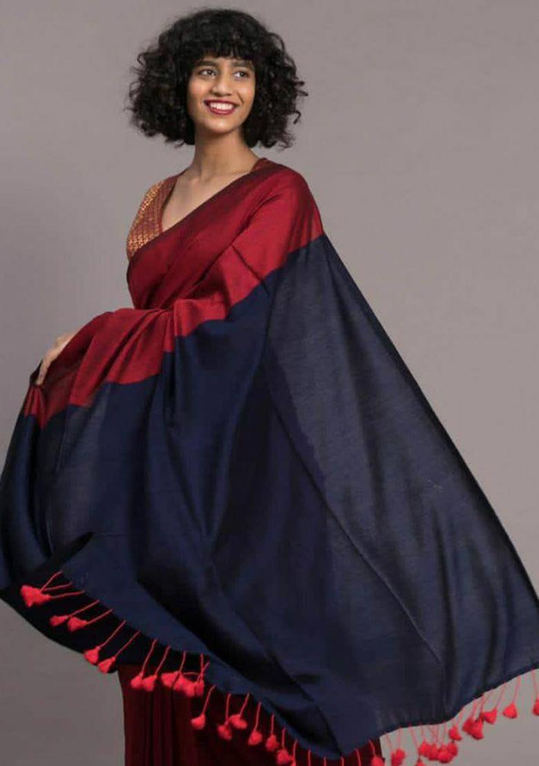 Red Handloom Khadi Cotton Silk Saree Set - Indya