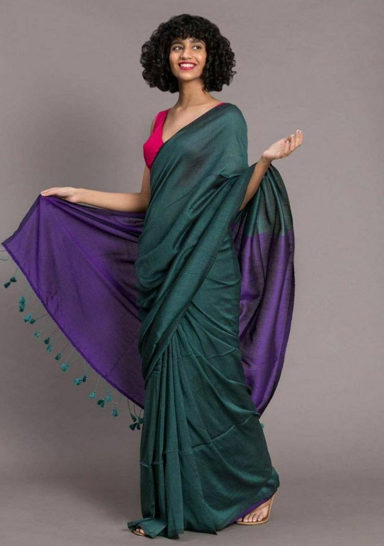 Teal Handloom Khadi Cotton Silk Saree Set