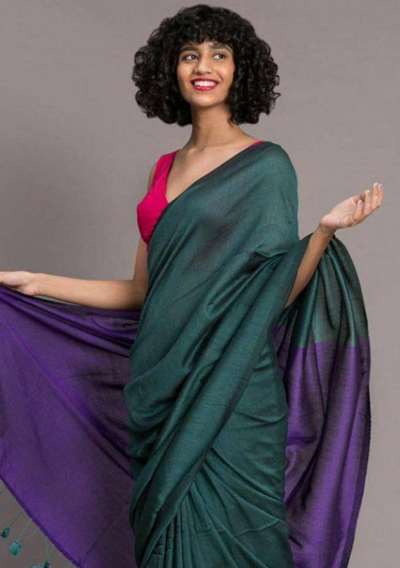 Teal Handloom Khadi Cotton Silk Saree Set - Indya