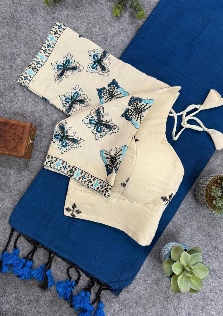 Blue Handloom Khadi Cotton Silk Saree Set - Indya