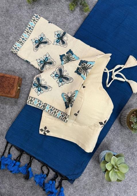 Blue Handloom Khadi Cotton Silk Saree Set