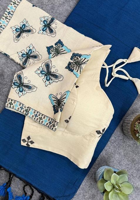 Blue Handloom Khadi Cotton Silk Saree Set