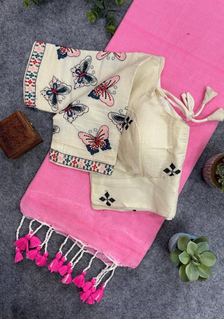 Baby Pink Handloom Khadi Cotton Silk Saree Set - Indya