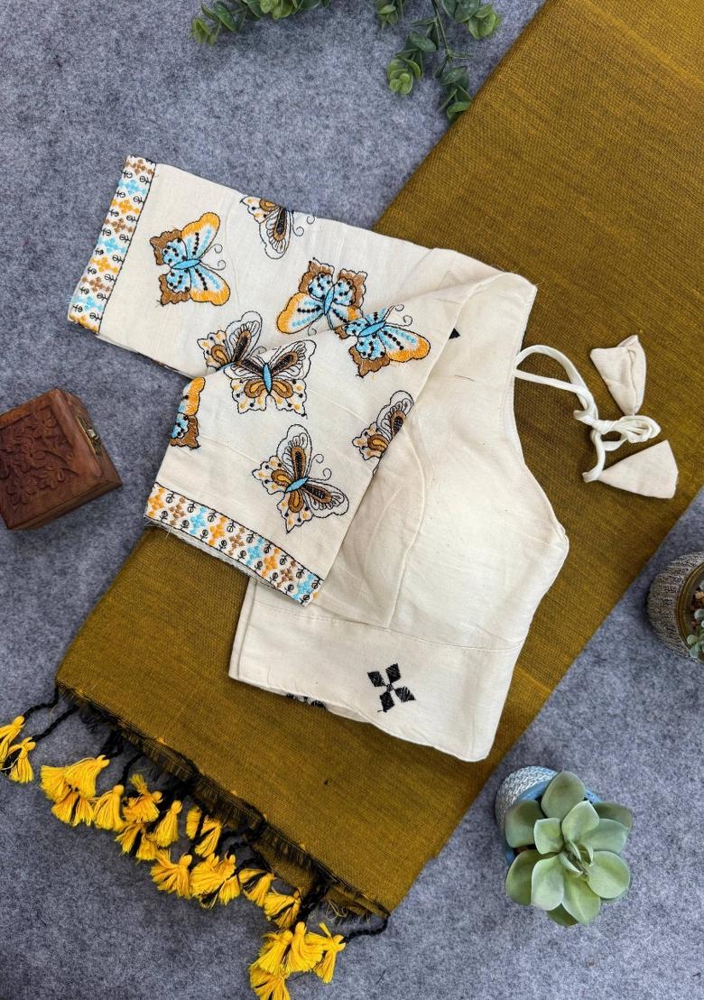 Gold Handloom Khadi Cotton Silk Saree Set