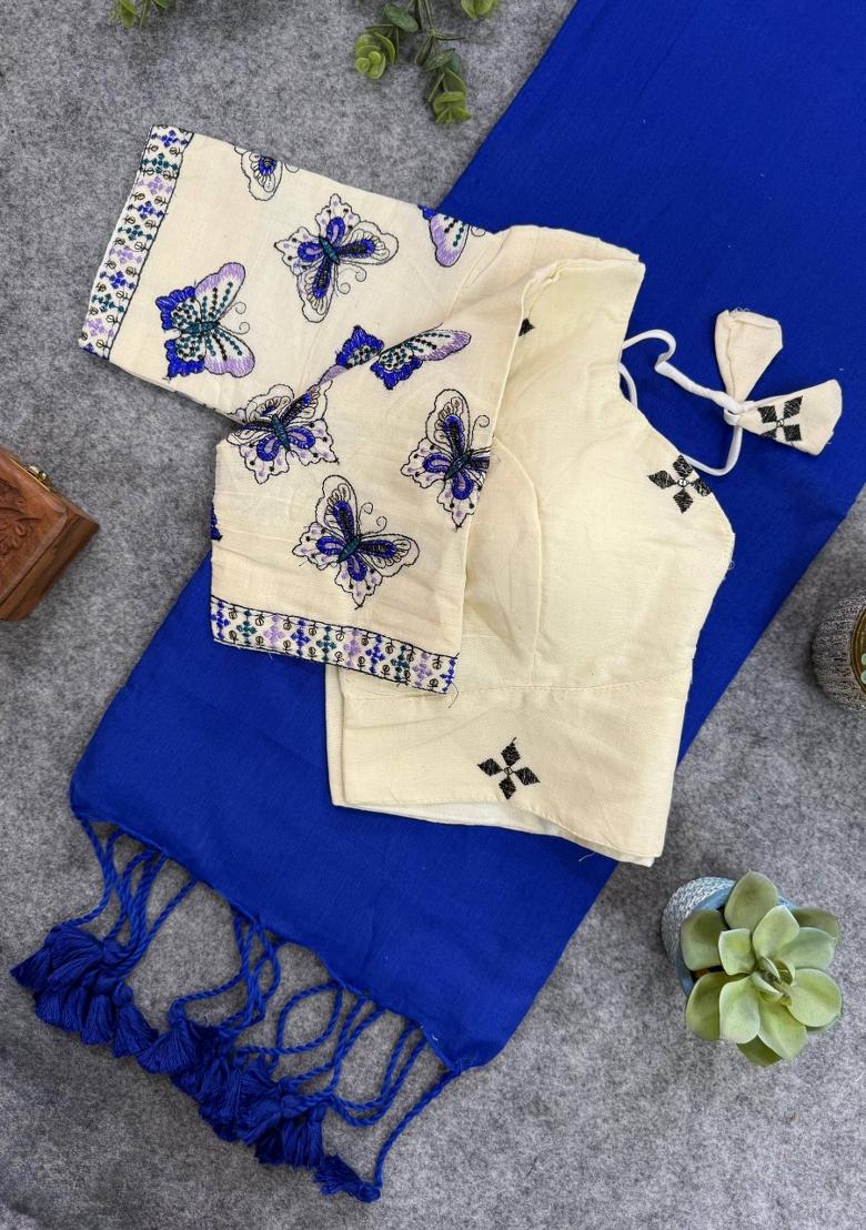 Royal Blue Handloom Khadi Cotton Silk Saree Set