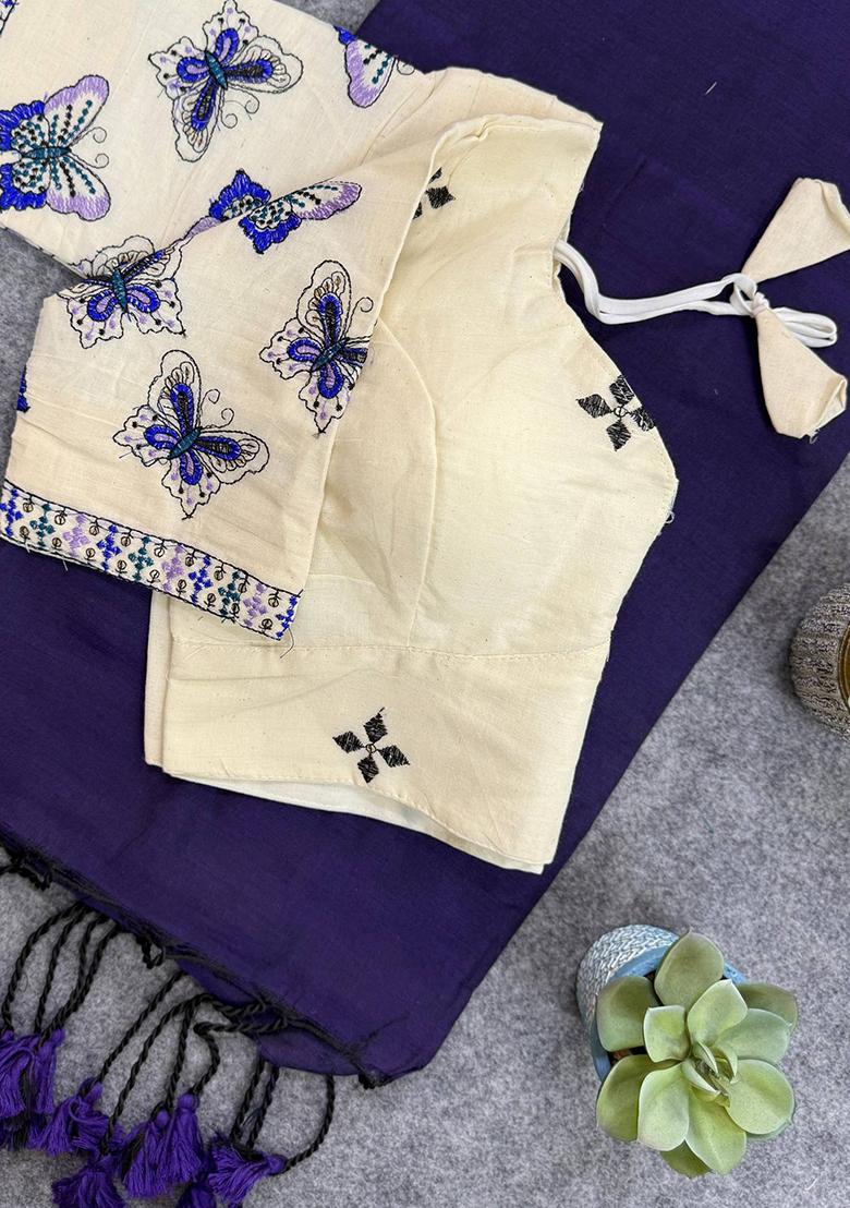 Violet Handloom Khadi Cotton Silk Saree Set - Indya