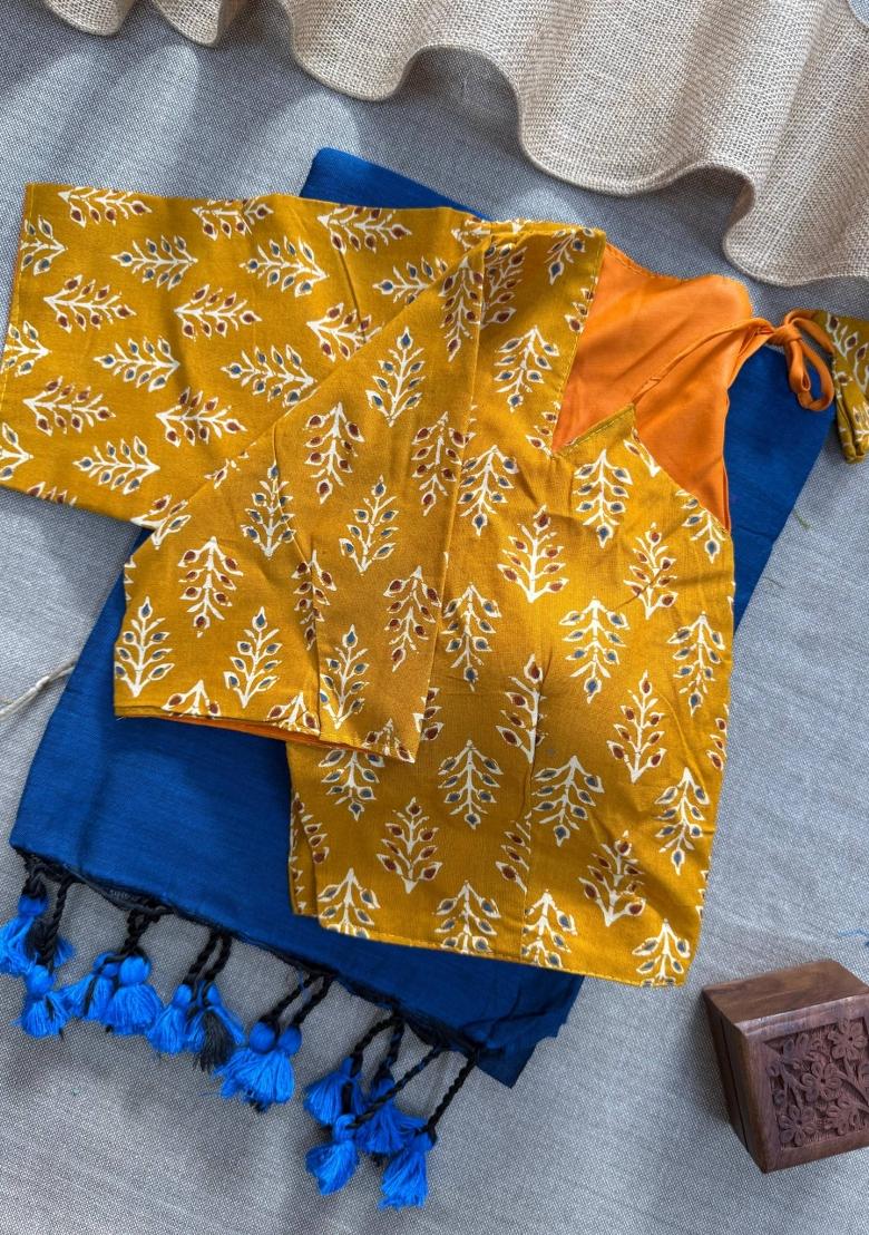 Blue Handloom Khadi Cotton Silk Saree Set