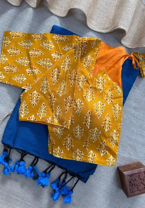 Blue Handloom Khadi Cotton Silk Saree Set