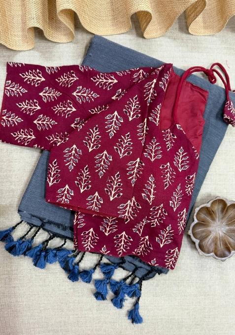 Grey Handloom Khadi Cotton Silk Saree Set