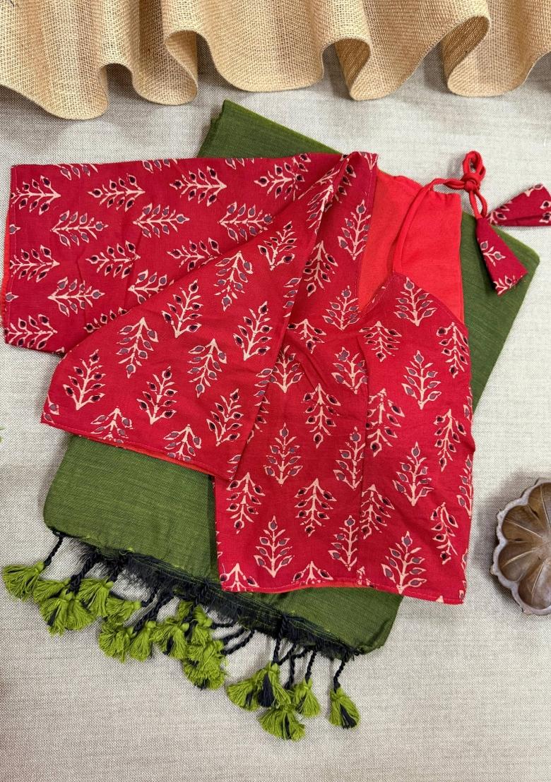 Mahendi Handloom Khadi Cotton Silk Saree Set - Indya