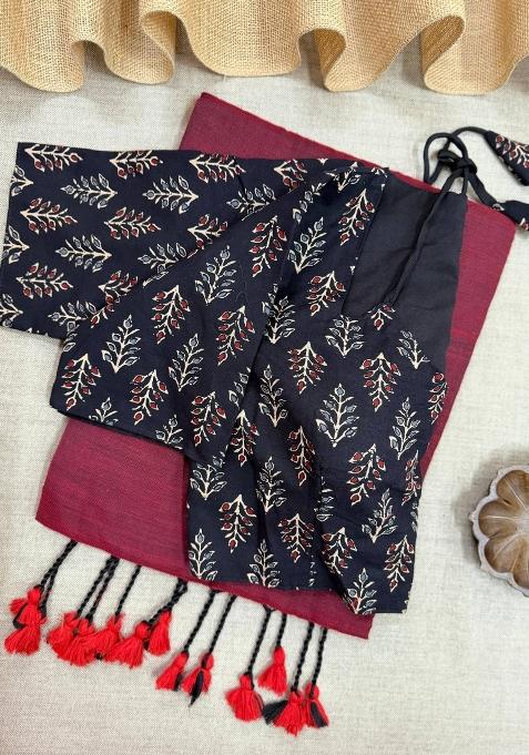 Maroon Handloom Khadi Cotton Silk Saree Set