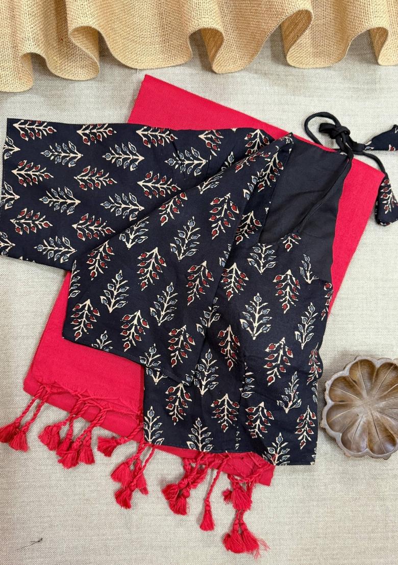 Red Handloom Khadi Cotton Silk Saree Set