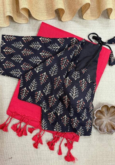 Red Handloom Khadi Cotton Silk Saree Set