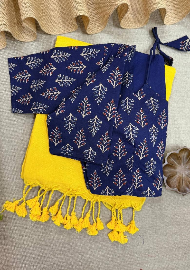 Yellow Handloom Khadi Cotton Silk Saree Set - Indya