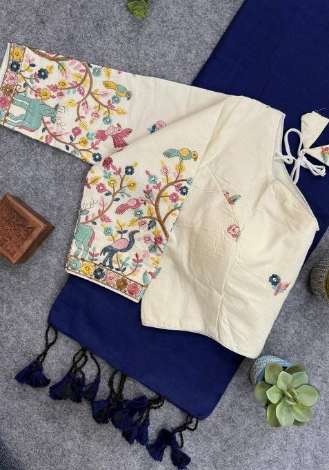 Blue Handloom Khadi Cotton Silk Saree Set