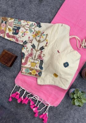 Baby Pink Handloom Khadi Cotton Silk Saree Set