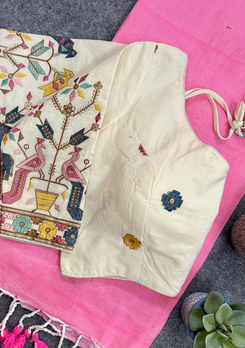 Baby Pink Handloom Khadi Cotton Silk Saree Set - Indya