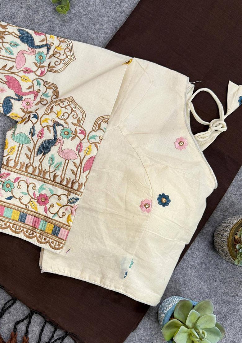 Coffee Handloom Khadi Cotton Silk Saree Set - Indya