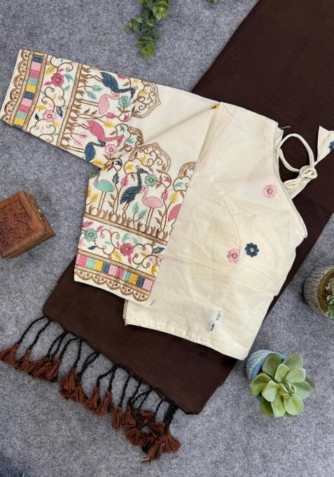 Coffee Handloom Khadi Cotton Silk Saree Set