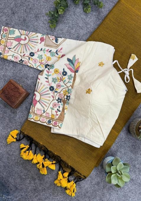 Gold Handloom Khadi Cotton Silk Saree Set