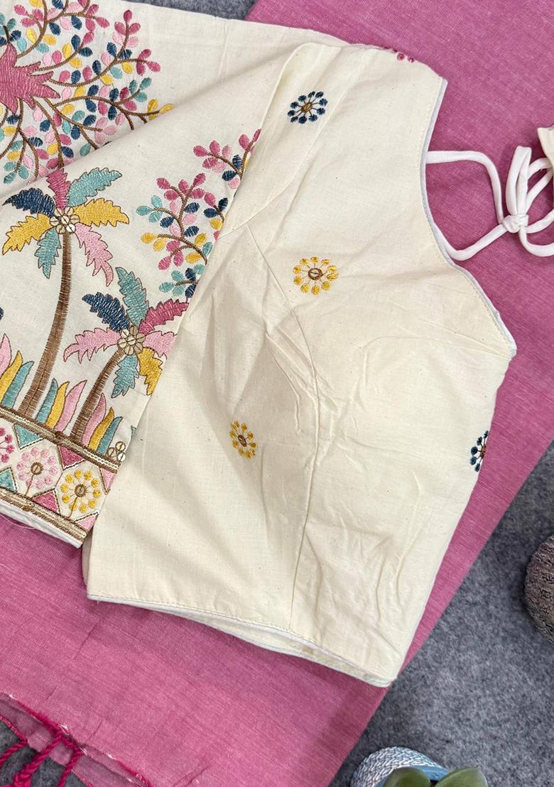 Pink Handloom Khadi Cotton Silk Saree Set