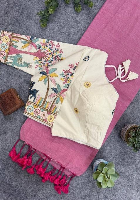 Pink Handloom Khadi Cotton Silk Saree Set