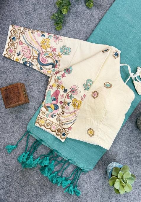 Pista Handloom Khadi Cotton Silk Saree Set