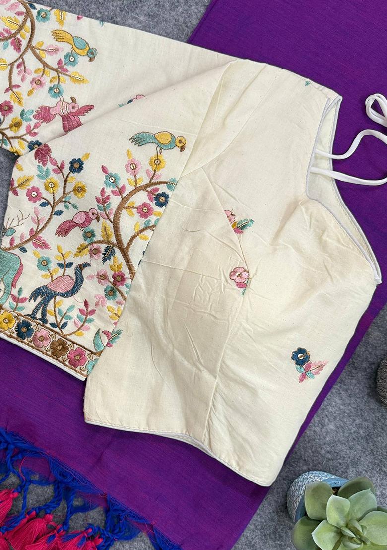 Purple Handloom Khadi Cotton Silk Saree Set - Indya