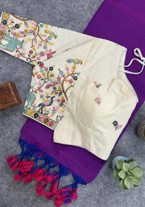 Purple Handloom Khadi Cotton Silk Saree Set