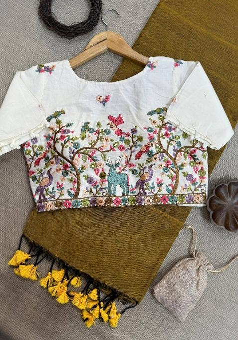 Gold Handloom Khadi Cotton Silk Saree Set