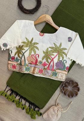 Green Handloom Khadi Cotton Silk Saree Set