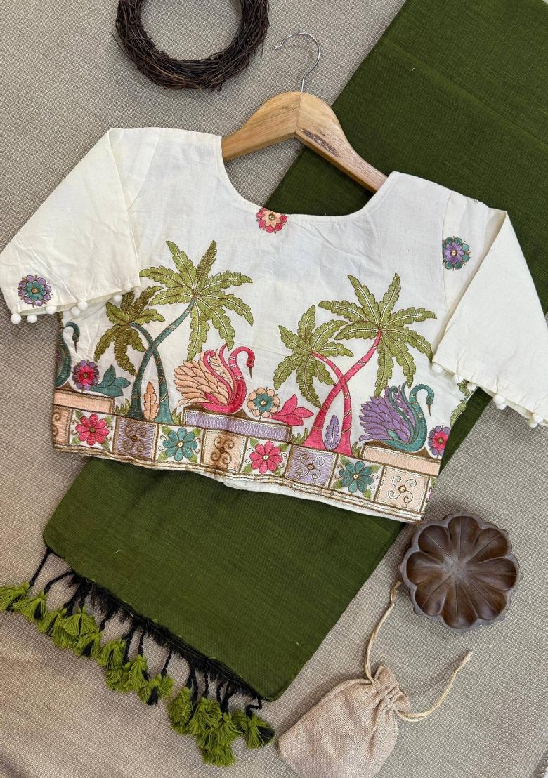 Green Handloom Khadi Cotton Silk Saree Set