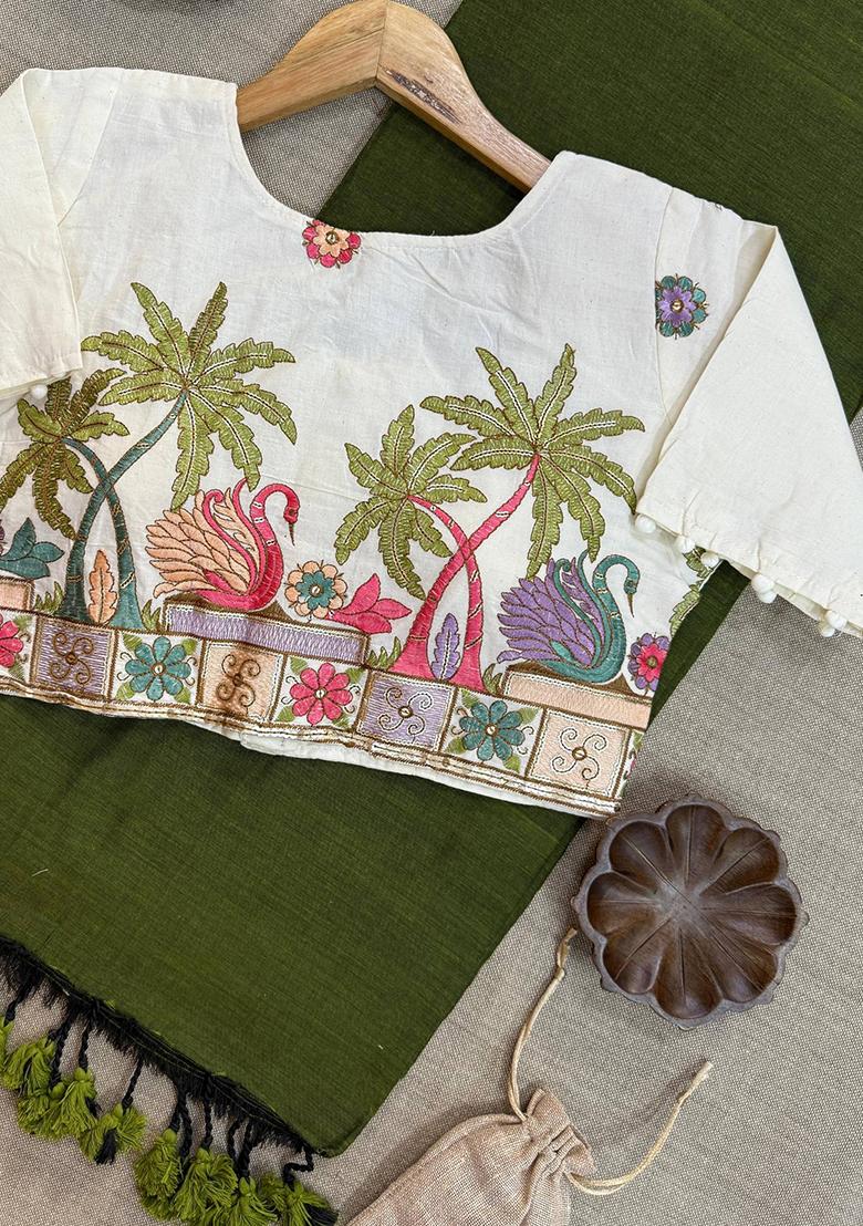 Green Handloom Khadi Cotton Silk Saree Set - Indya